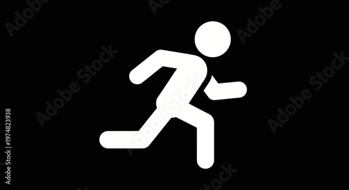Simple white silhouette icon of a person running, representing movement and exercise, on a solid black background, conveying energy and speed.