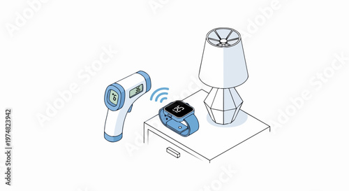 Isometric Smart Healthcare Illustration with Infrared Thermometer and Smartwatch Syncing Data on Nightstand