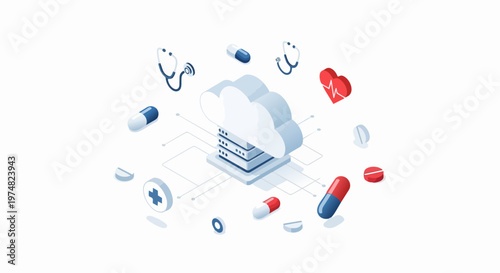 Isometric Healthcare Cloud Computing and Digital Medicine Technology Concept with Data Server and Medical Icons