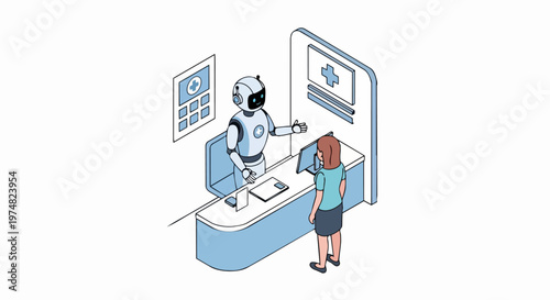 AI Robot Receptionist Assisting Female Patient at Medical Clinic Front Desk, Isometric Illustration of Healthcare Technology