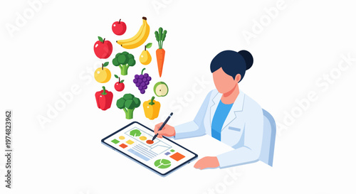 Nutritionist Using Tablet for Healthy Meal Planning and Diet Analysis, Isometric Vector Illustration of Digital Healthcare and Wellness Tracking