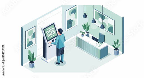 Isometric Man Using Self-Service Check-in Kiosk in Modern Medical Clinic or Office Lobby Interior
