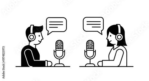 Male and female podcasters wearing headphones, actively recording a podcast with microphones and speech bubbles, in a bright studio with isolated white background, conveying engaging conversation.