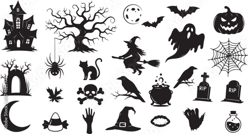 Halloween icons and symbols in black and white color