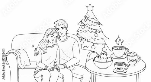 Couple cuddles on sofa by tree with festive drinks and fruit