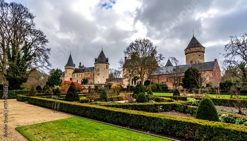 A sprawling estate with manicured gardens and ornate architecture under a cloudy, overcast sky. The structures have turrets