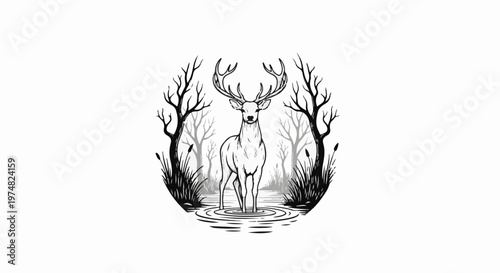 Elegant deer stands in shallow water amidst bare trees