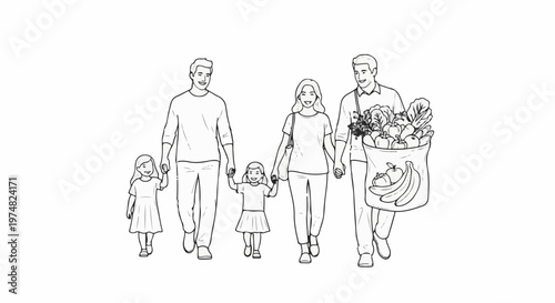 Family of four walking, holding hands, with a grocery bag full of produce