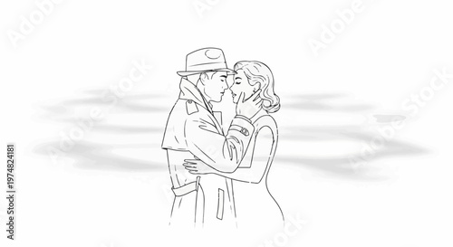 A man in a fedora and trench coat embraces a woman in a moment of passion