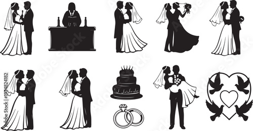 Wedding icons and silhouettes of couples in love together