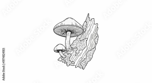A detailed line drawing shows two mushrooms growing on a rough piece of decaying wood