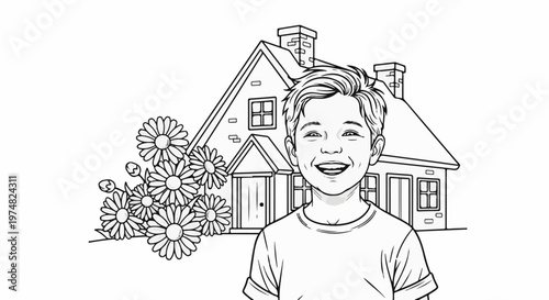 Cheerful boy with dimples smiles in front of a quaint house and flowers