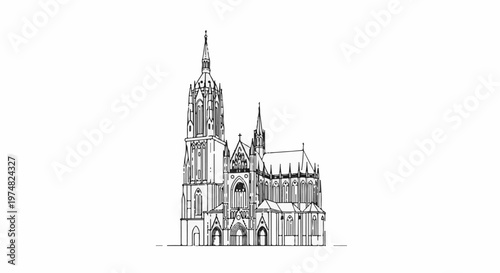 Ornate Gothic cathedral sketch with tall spires, arches, and windows