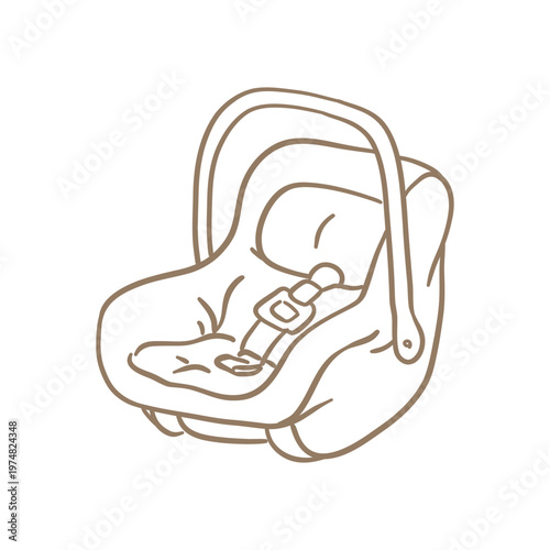 Hand-drawn minimalist doodle of a newborn car seat carrier. Simple beige line art illustration of a portable infant safety seat for travel, parenting, and nursery themes.