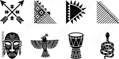 African tribal icon set vector illustration ethnic motifs masks instruments geometric patterns for cultural designs