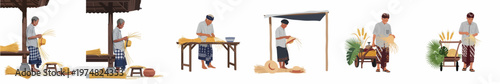 Set of illustrations depicting a traditional Indonesian artisan weaving straw hats in various outdoor settings, highlighting cultural heritage and manual craftsmanship.