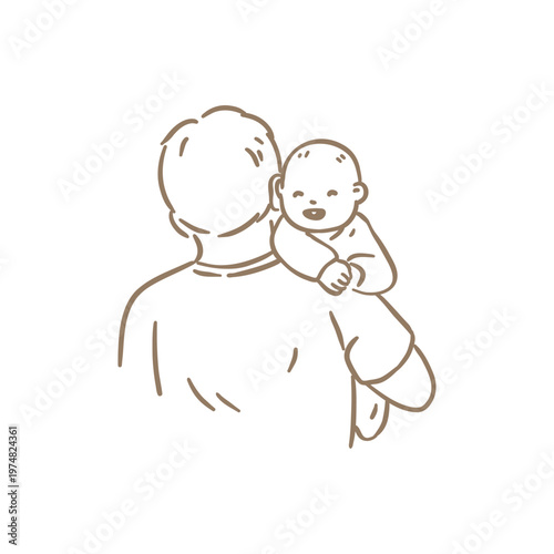 Hand-drawn minimalist doodle of a father carrying his baby on his shoulder. Heartwarming beige line art illustration of fatherhood, family bonding, and childcare.