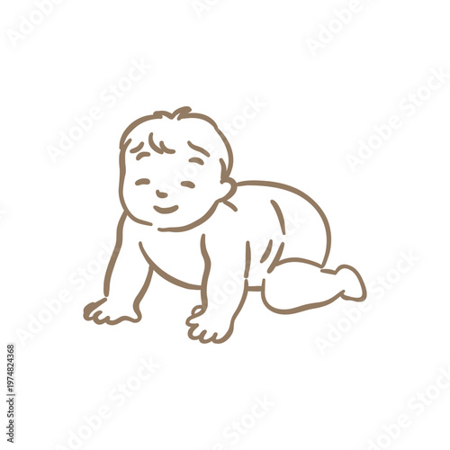 Hand-drawn minimalist doodle of a happy crawling baby. Simple beige line art illustration of infant development, nursery themes, and early childhood milestones.