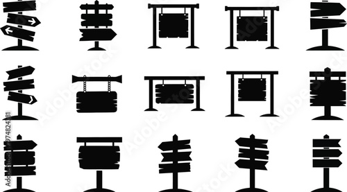 Wooden signboard silhouettes set with blank boards and hanging signs