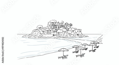 A picturesque coastal scene depicts a grand villa atop a rocky island, with a sandy beach