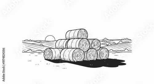 Stylized line drawing of round hay bales stacked in a field at sunrise