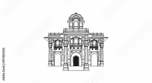 Ornate, symmetrical, classical building with domed roof and arched doorways