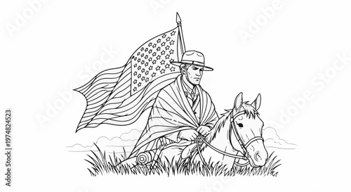 A cowboy on horseback carries a flag in a grassy field