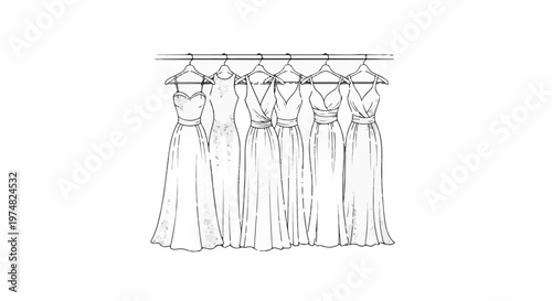 Sketch of six different long dresses hanging on a rack