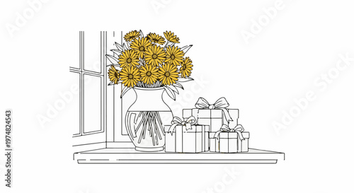 Yellow daisies in a vase with gifts on a windowsill