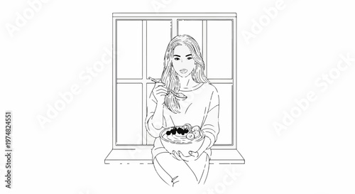 A woman enjoys a bowl of fruit and berries while sitting near a window