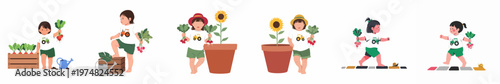 Set of flat vector illustrations showing young children gardening, harvesting radishes, planting sunflowers, and exploring the outdoors in a playful manner.