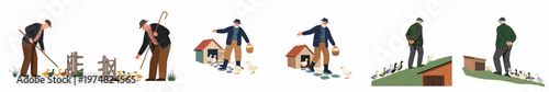 Collection of flat illustrations depicting an elderly farmer herding, feeding, and walking with ducks in various rural farm settings.