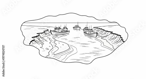 A black and white drawing of several boats docked in a choppy harbor with steep banks