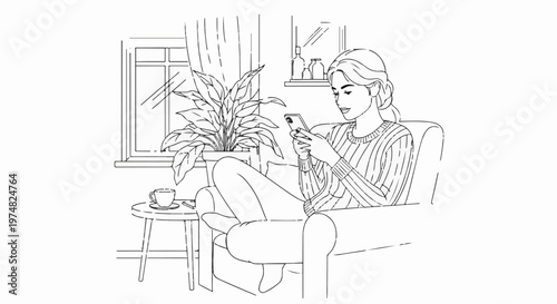 Woman relaxing on armchair, looking at her smartphone, near a window