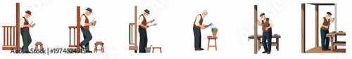 Vector set of an elderly man engaged in various gardening and woodworking activities such as sharpening shears, trimming plants and working at a workbench.