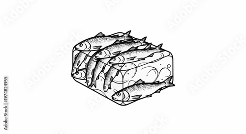 Black and white drawing of a cluster of fish packed tightly together
