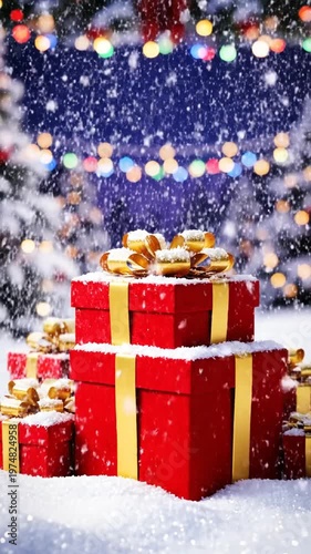 Christmas gifts stacked in snowy scene with decorative lights bokeh