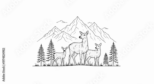 Three deer stand in a meadow with pine trees and mountains behind