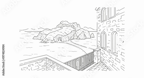 Coastal villa balcony overlooks island with sea and distant mountains