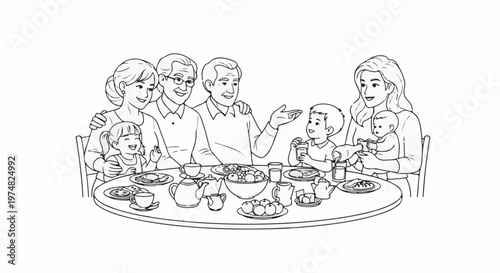 A multi-generational family enjoys a meal together at a round table