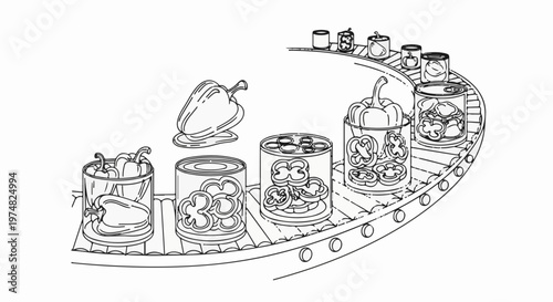 Conveyor belt processes whole and sliced bell peppers for canning