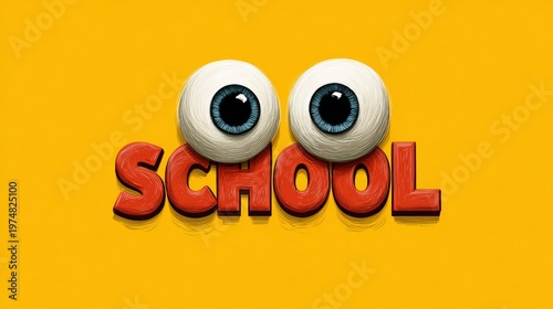 Colorful illustration of the word school with large cartoon eyes