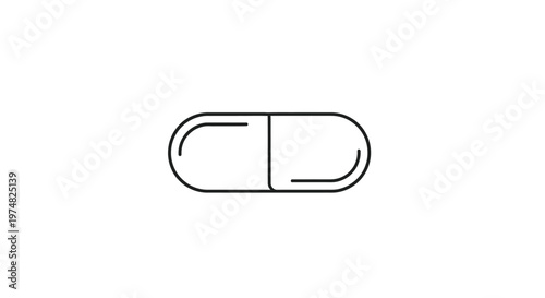 Minimalist line art icon of a medical capsule pill, representing medicine, health, pharmacy, and healthcare.