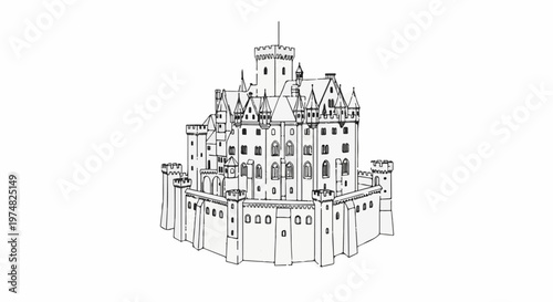 Ornate castle with many towers and crenelated walls, in a sketch style