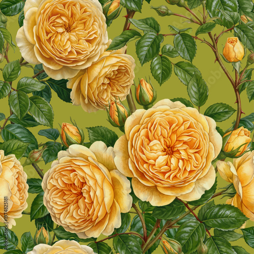 Seamless vector pattern with yellow garden roses isolated on a changeable background. Vintage painting style illustration.
