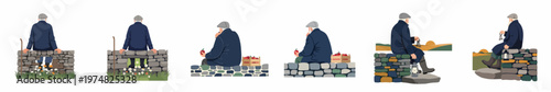 Illustrations of an elderly man wearing a flat cap and coat, sitting on a stone wall in various peaceful rural settings with different props.