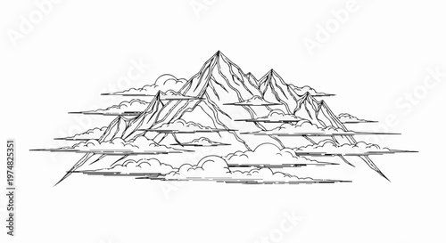 Stylized mountain peaks emerge from layered, linear clouds in a monochrome sketch