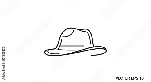 Black and white line art illustration of a classic fedora hat. Minimalist graphic icon of a stylish headwear accessory.