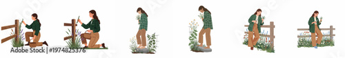 Vector illustration set of a young woman picking flowers, harvesting herbs, and gardening in a rustic outdoor setting with wooden fences and wildflowers.