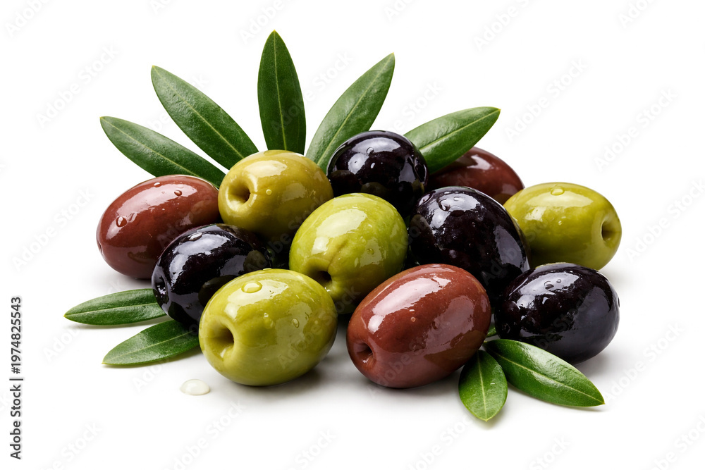 Obraz premium Premium selection of glossy green, black, and kalamata olives arranged with fresh olive leaves. The fruits feature a natural shine and tiny water droplets, isolated on a clean white background.